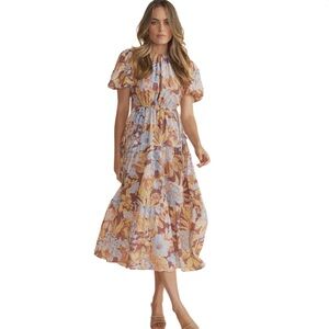 ⚫️ MinkPink Floral Midi Dress in Blue and Brown Size Medium-New w/ Tags